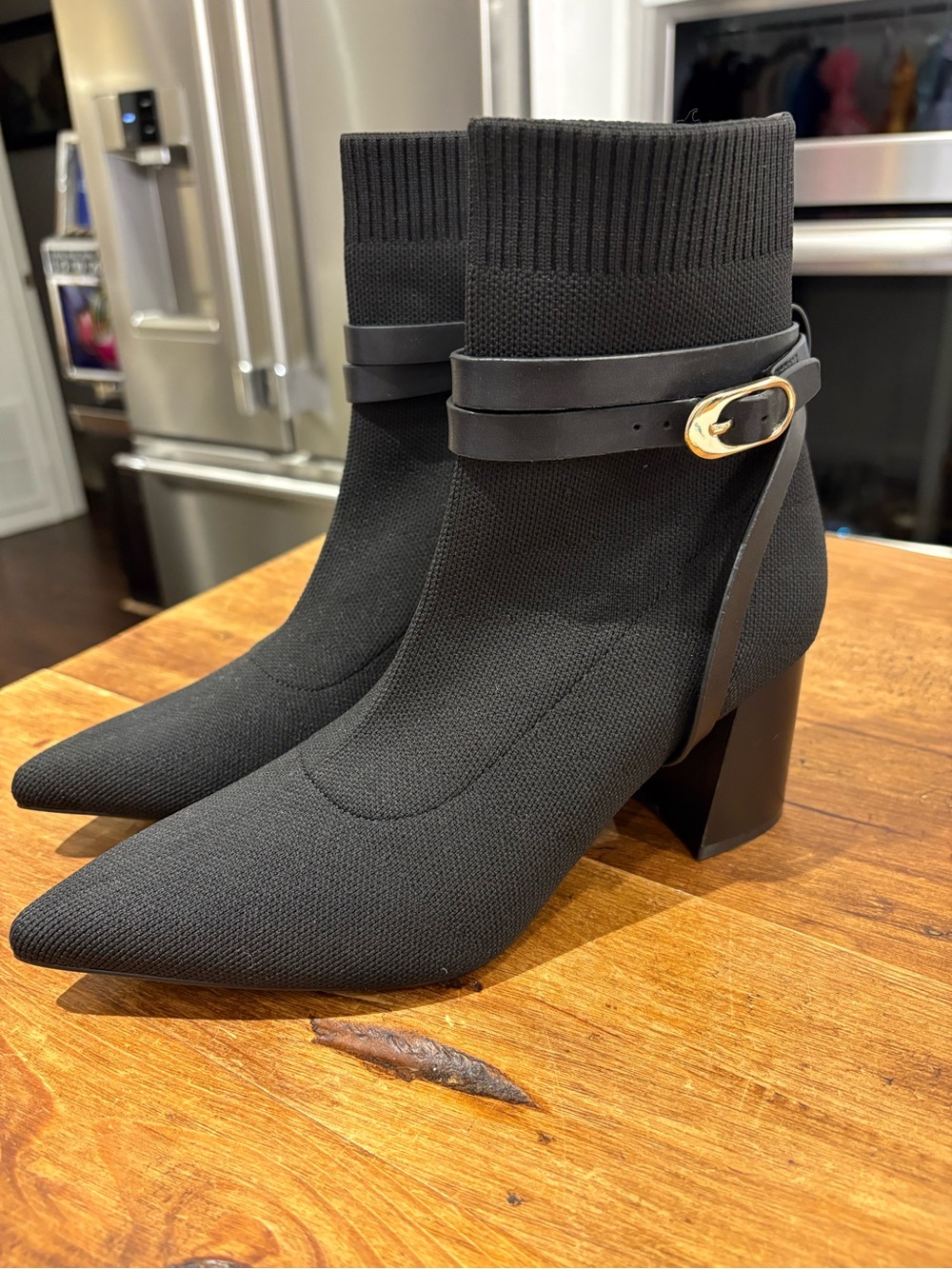 Cosy Island Black Knit Sock Ankle Boots with Gold Buckle